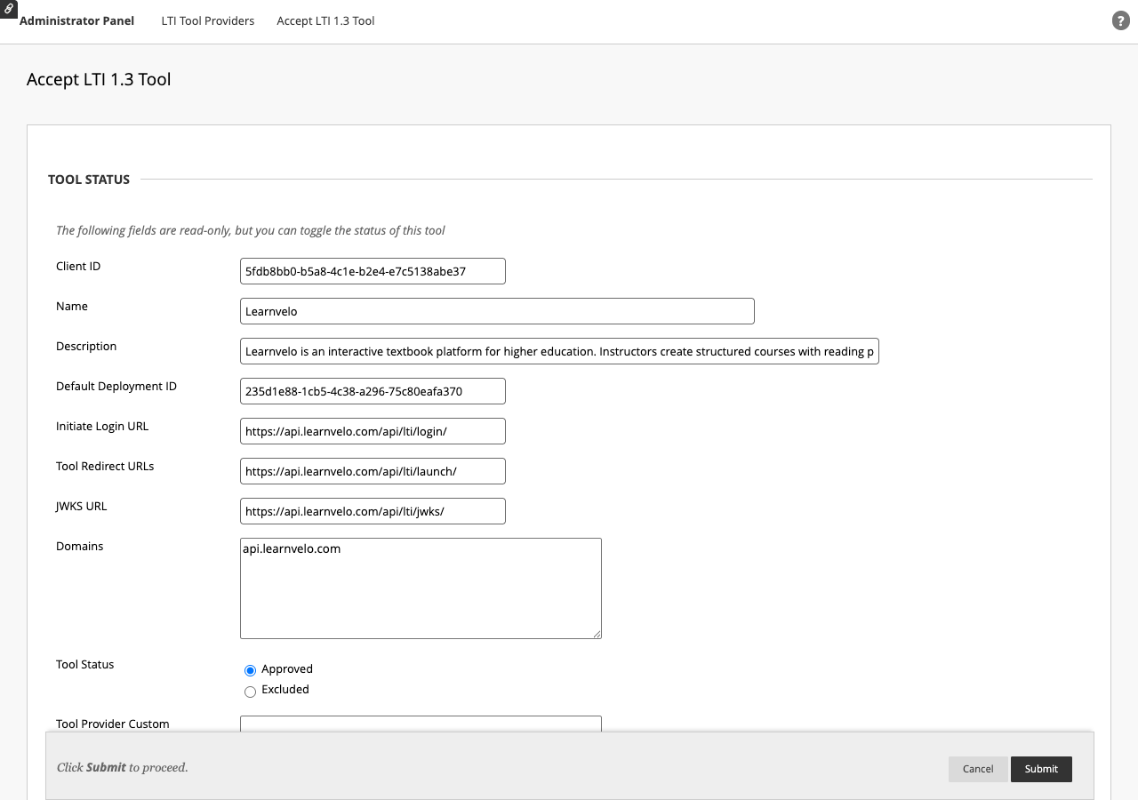 Blackboard Accept LTI 1.3 Tool - Tool Status