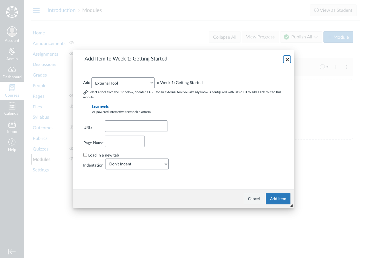 Canvas Add Module Item - External Tool