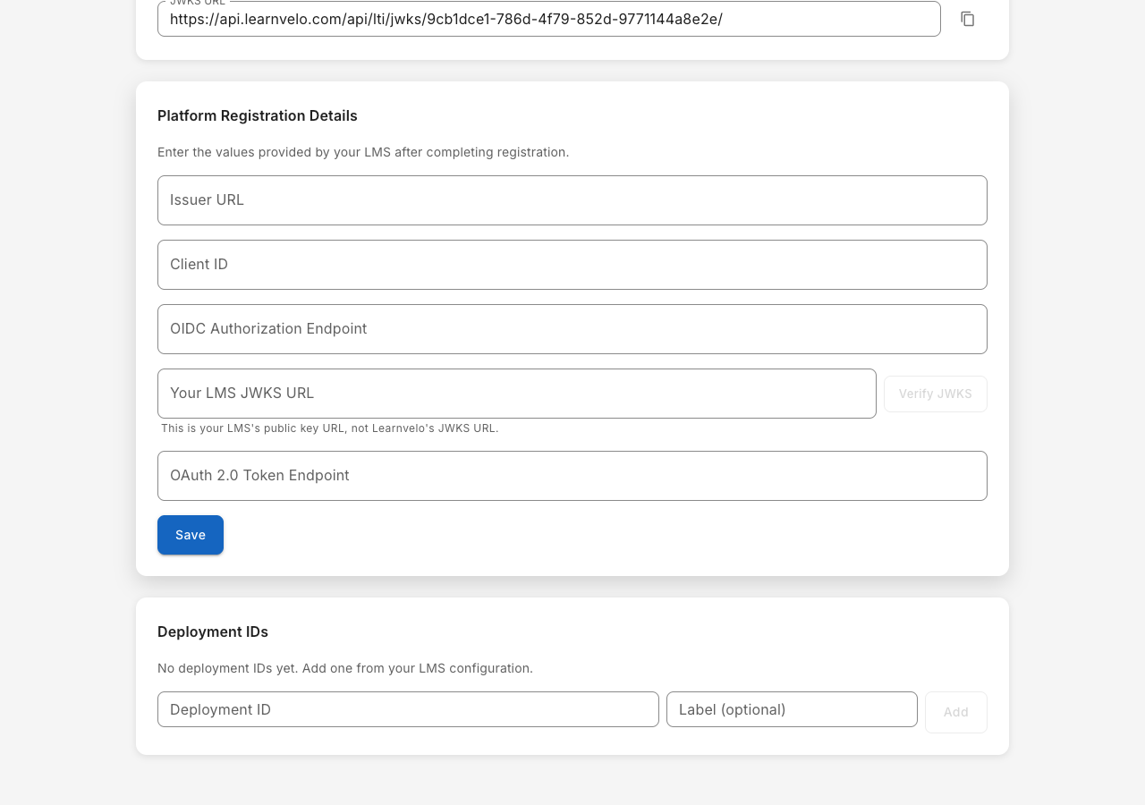Learnvelo Deployment IDs section