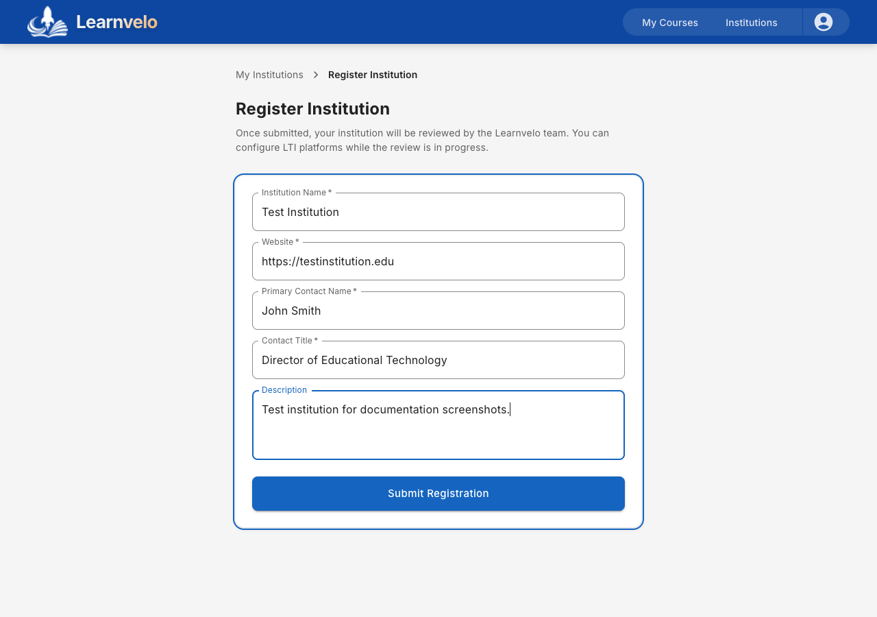 Learnvelo institution registration form