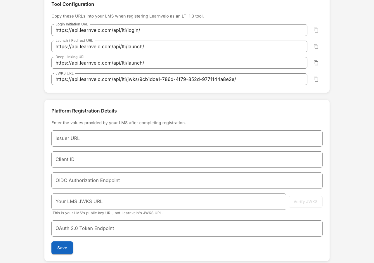 Learnvelo tool configuration URLs